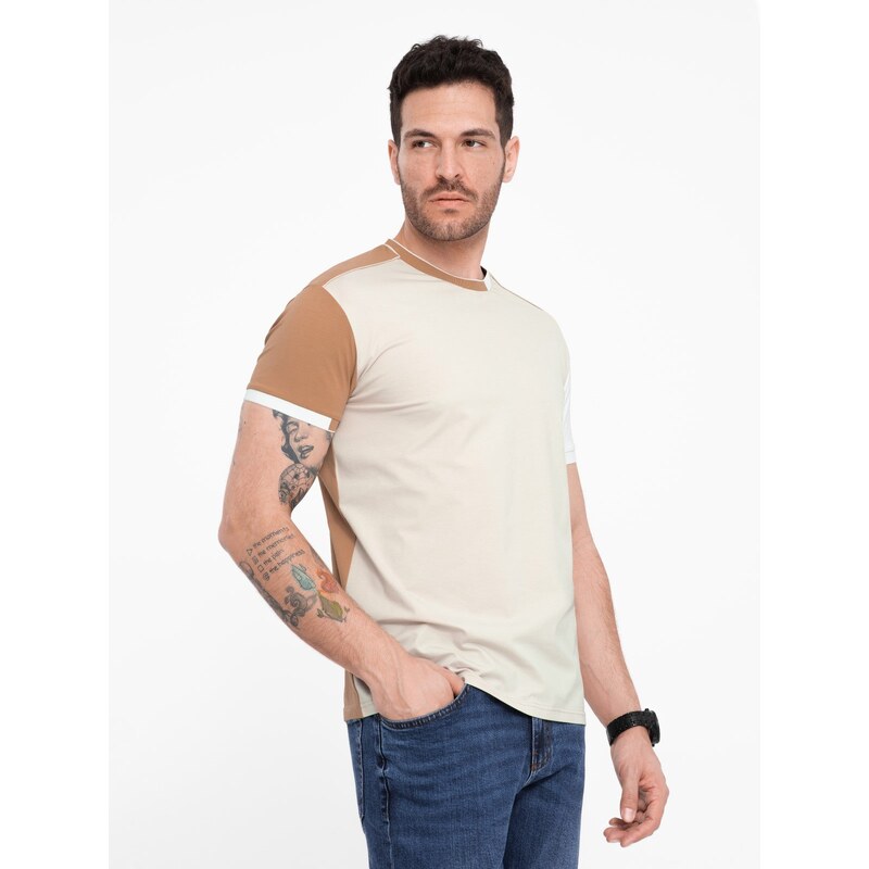 Ombre Mens elastane t-shirt with colored sleeves - brown
