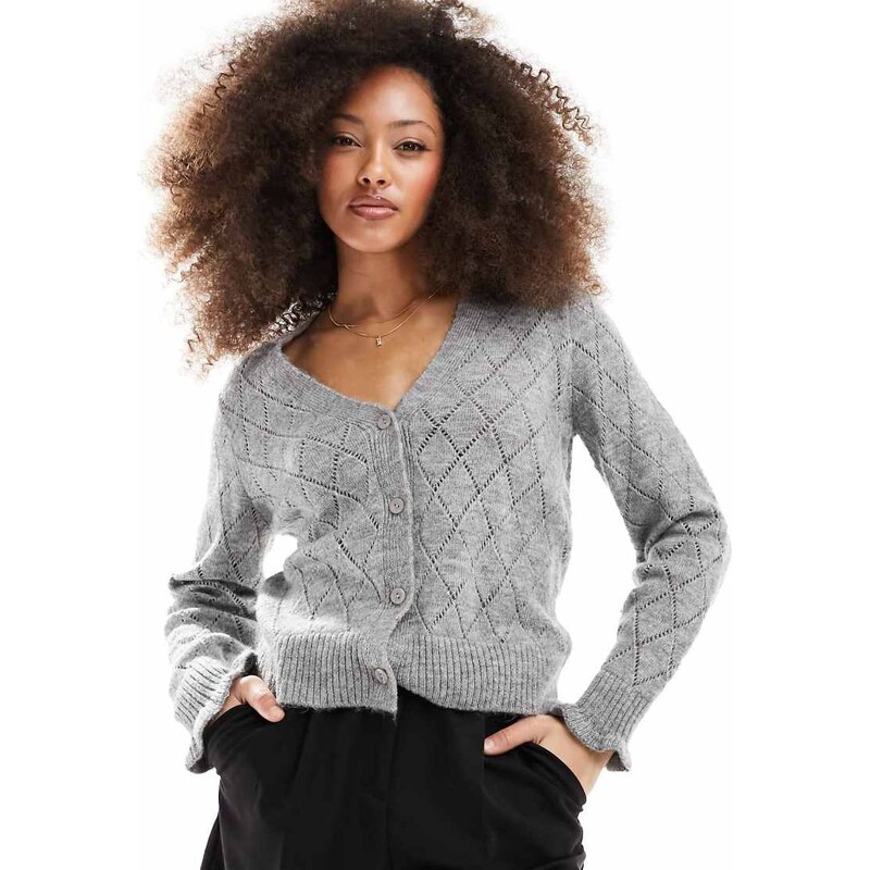 JDY diamond knit cardigan with lettuce sleeve in grey melange 113259863