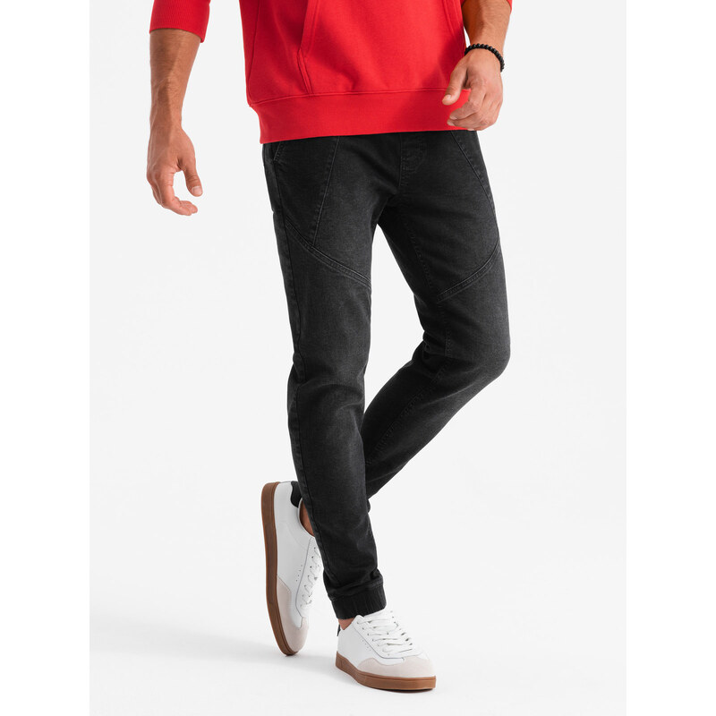 Ombre Mens denim joggers with asymmetrical stitching - black