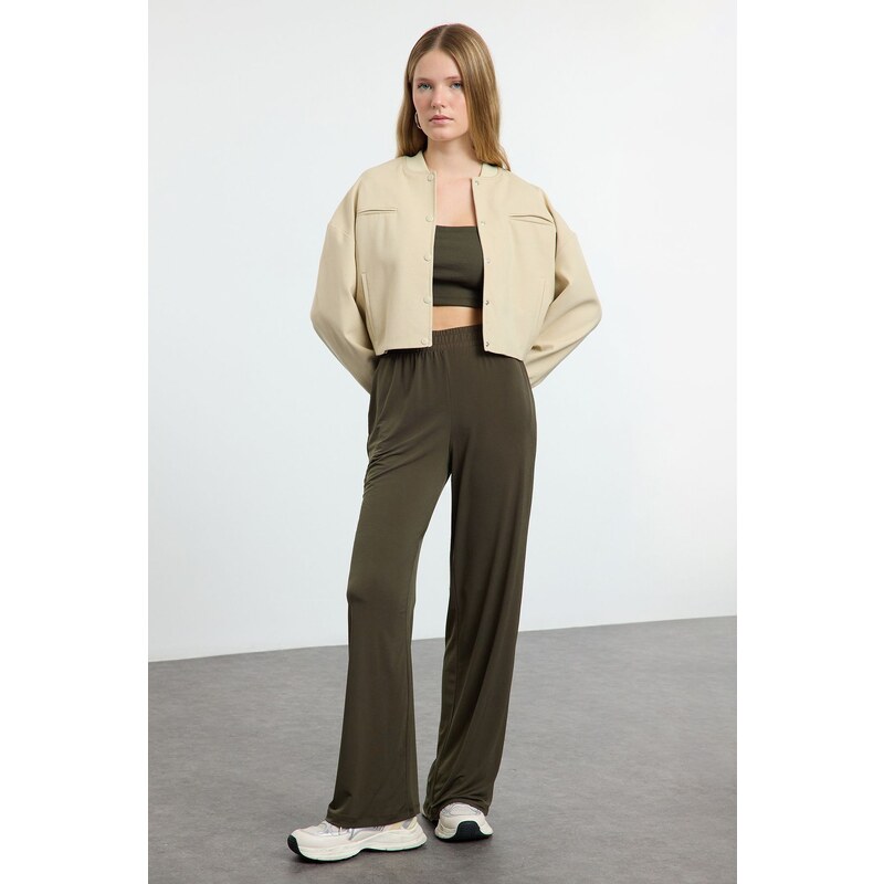 Trendyol Khaki Wide Leg/Relaxed Cut High Waist Flexible Trousers 107082600