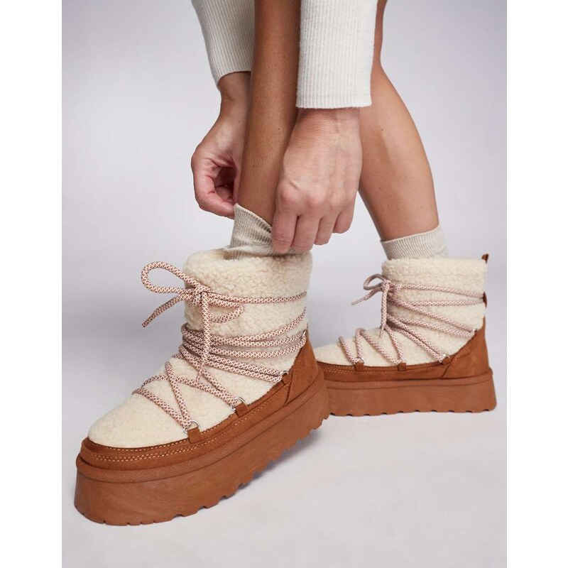 South Beach Borg Lace Up Platform Mini Boot in Chestnut-Brown 115685783