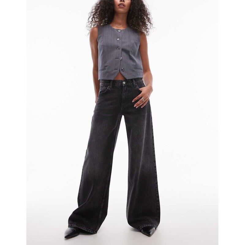 Topshop Horizon wide leg mid rise jean in washed black