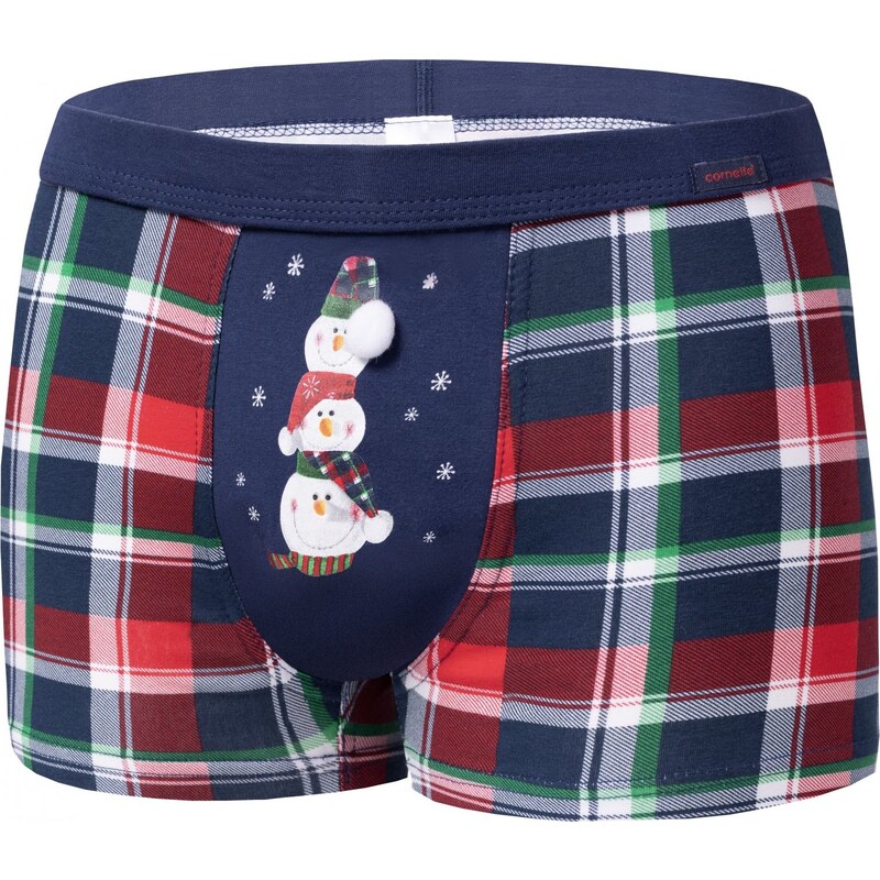 BASIC Tmavě modré kárované vánoční boxerky - Sněhulák Károvaný