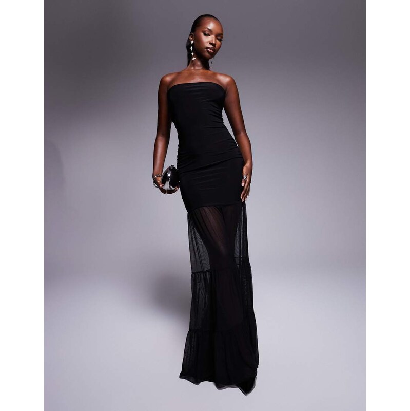 Kaiia exclusive double layered slinky bandeau mesh hem maxi dress in 102273265