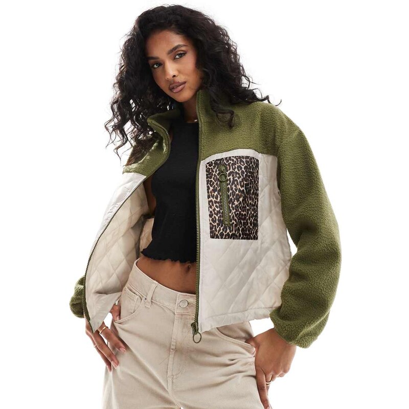 ONLY teddy fleece jacket with leopard print pocket in khaki and cream 100797540