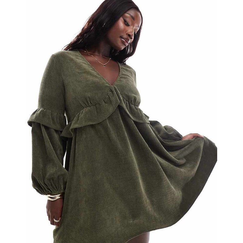 ASOS Curve ASOS DESIGN curve cord smock mini dress with frill detail 112385001