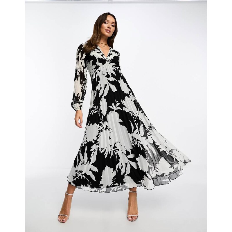 ASOS DESIGN pleated bodice plunge neck midi dress in mono floral