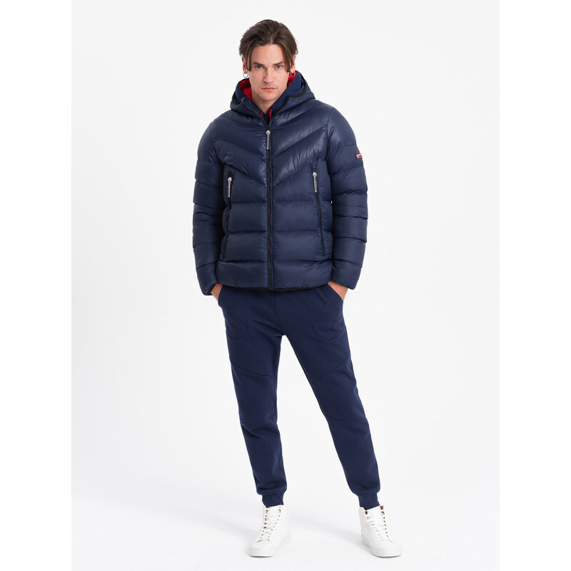 Ombre Mens winter quilted jacket of combined materials - navy