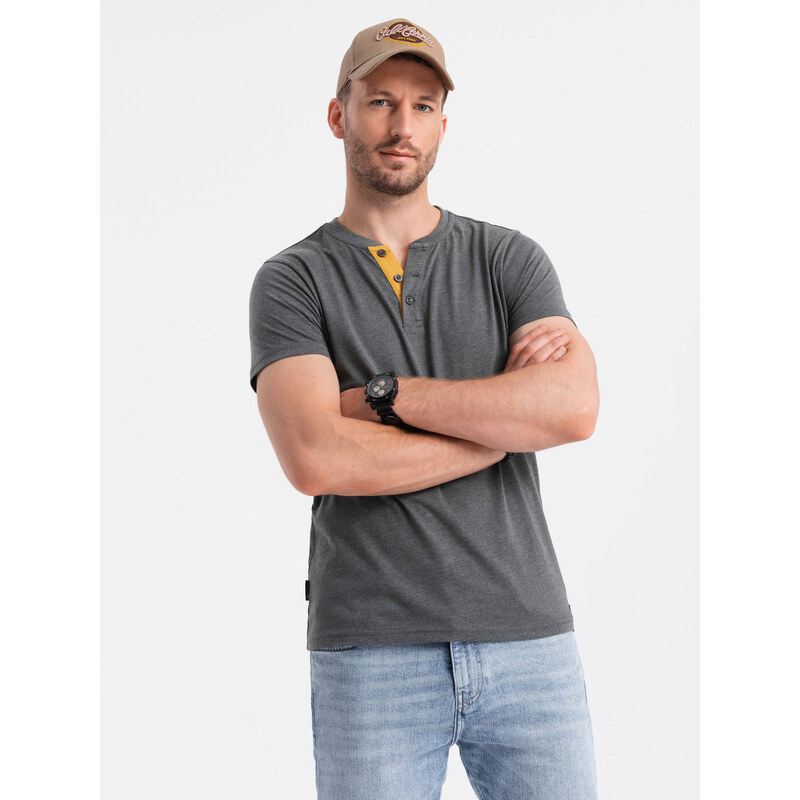 Ombre Mens t-shirt with round henley neckline - dark grey