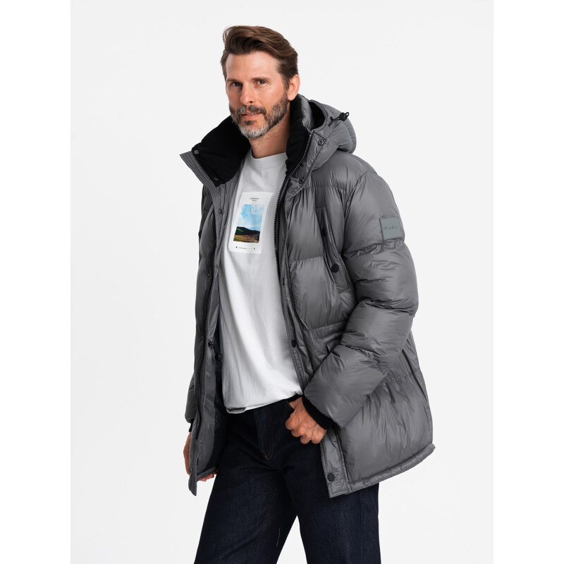 Ombre Mens long puffer jacket with snap pockets - graphite