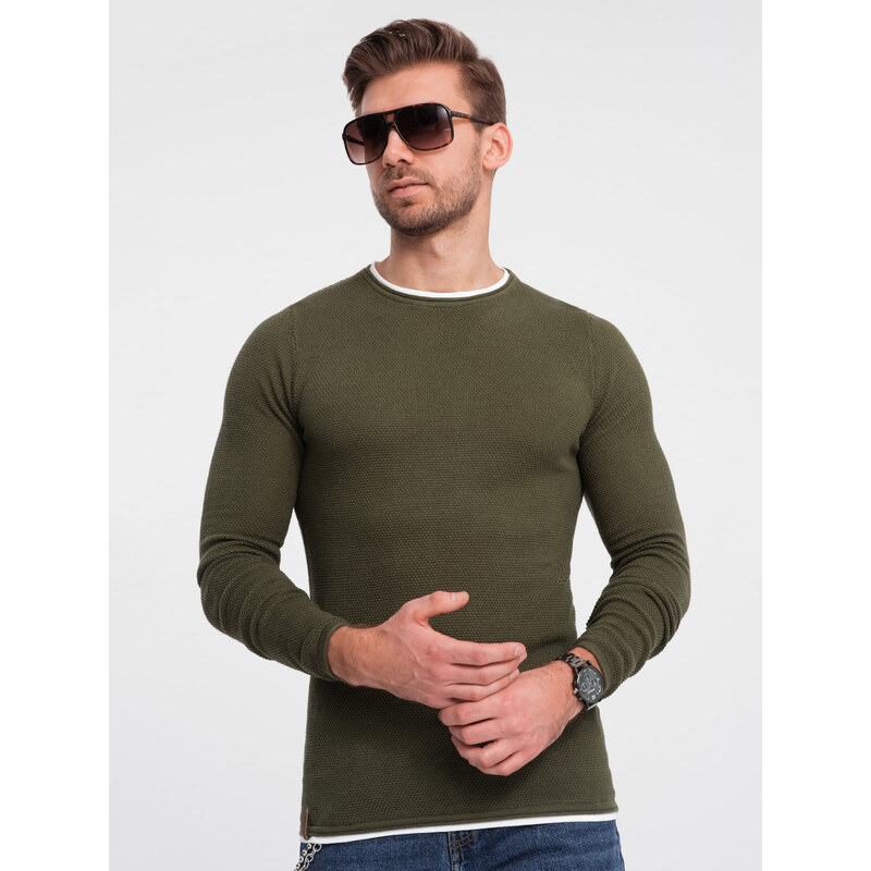 Ombre Mens cotton sweater with round neckline - dark olive