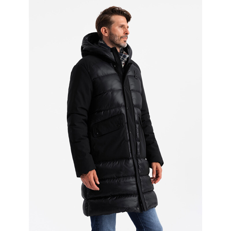 Ombre Mens long quilted jacket with large pockets - black