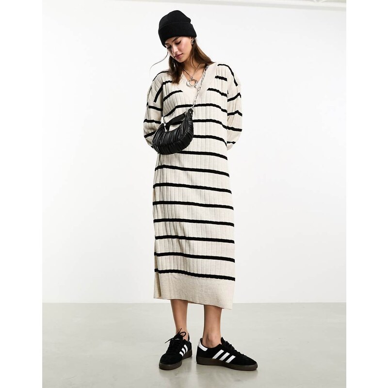 ONLY knitted v neck midaxi dress in cream and black stripe-White 101012471
