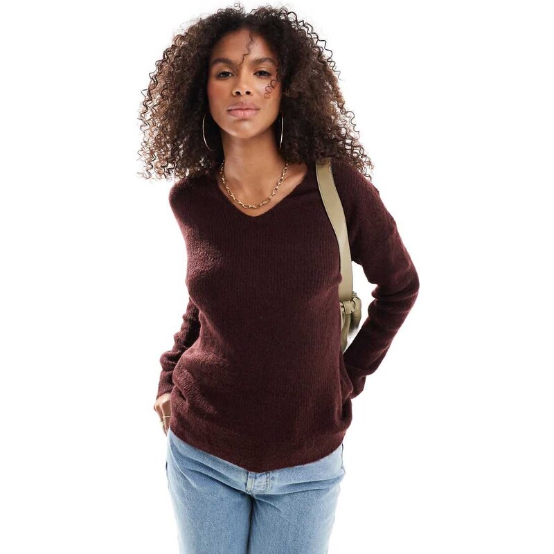 ONLY v neck slouchy jumper in burgundy-Red
