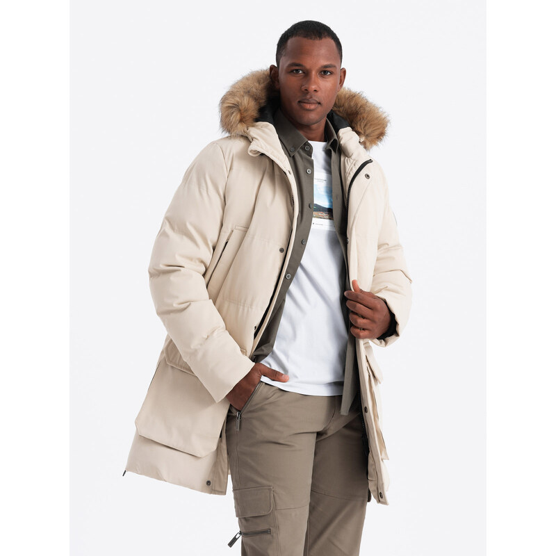 Ombre Mens long parka jacket with flared bottom - cream
