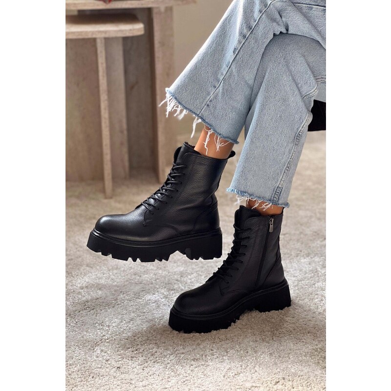 NİŞANTAŞI SHOES Juniper Black Genuine Leather Heeled Lace Up