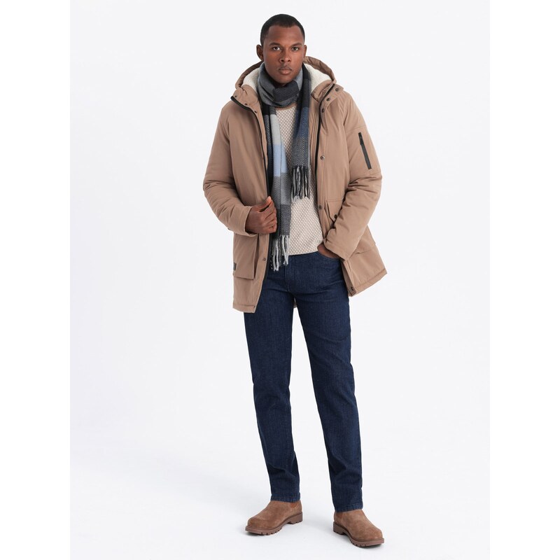 Ombre Mens long parka sherpa jacket - beige