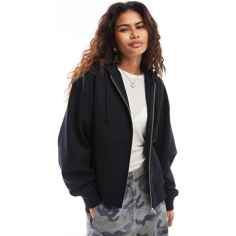 COLLUSION zip through boxy hoodie in black