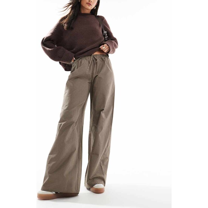 ASOS DESIGN pull on wide leg trouser in brown check-Multi 115711421