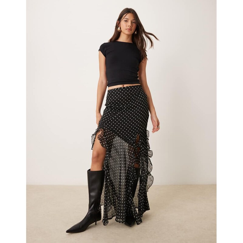 ASOS DESIGN chiffon frill detail maxi skirt in mono spot-Multi 115553019