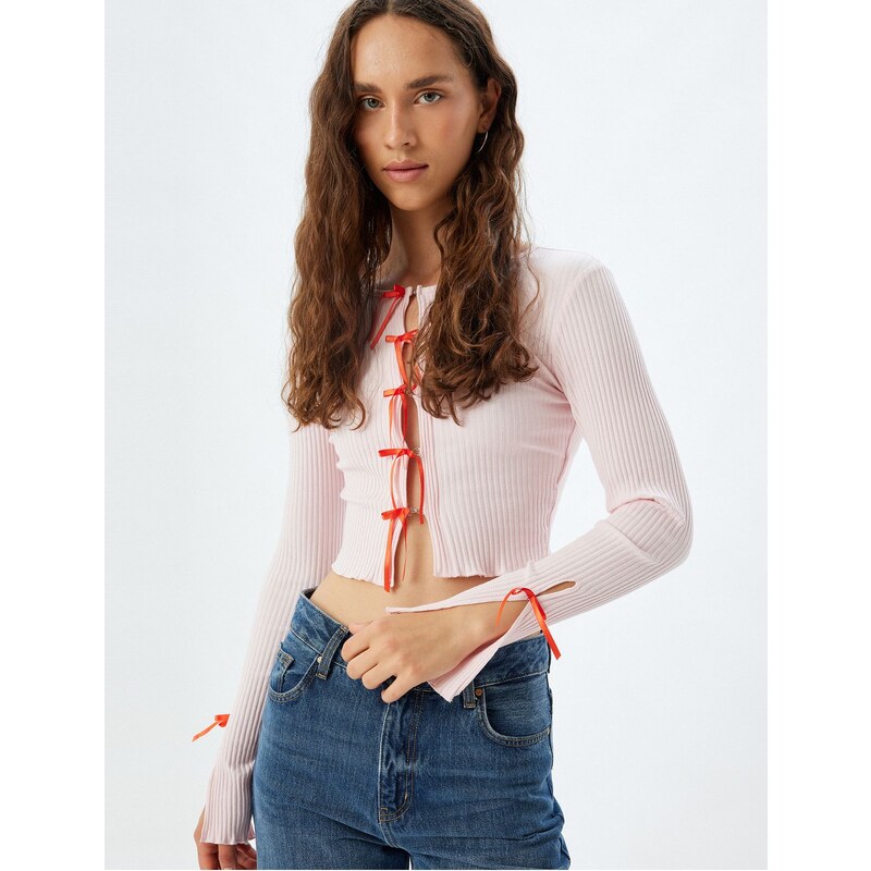 Koton Bow Crop Cardigan Ribbed Slim Fit Long Sleeve Round Neck