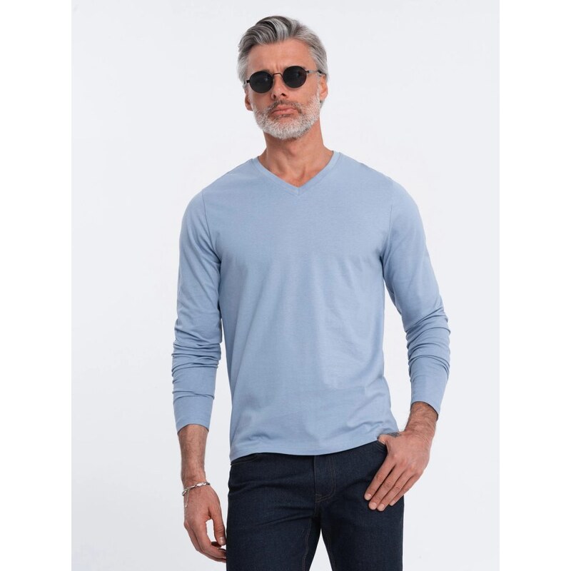 Ombre Clothing Modré tričko s dlouhým rukávem a výstřihem do V