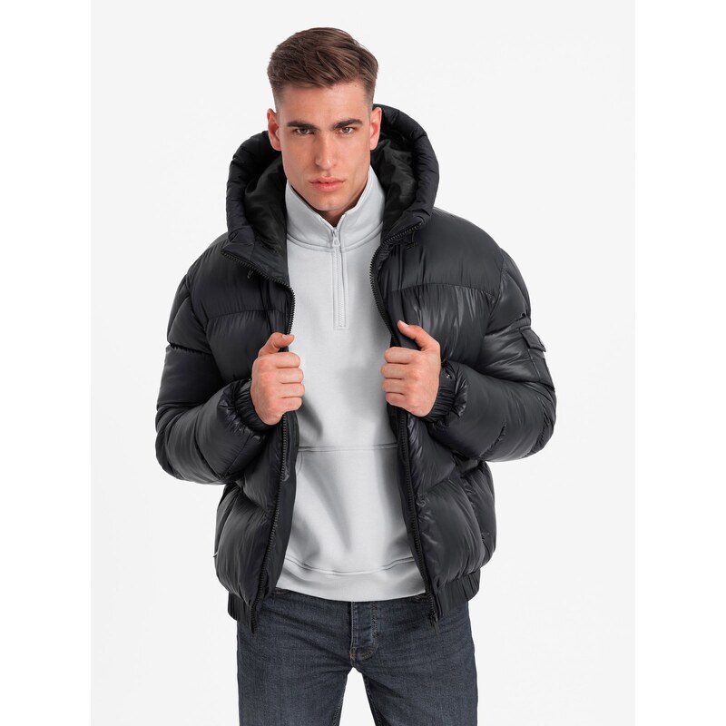 Ombre Mens warm puffer jacket with welts - black