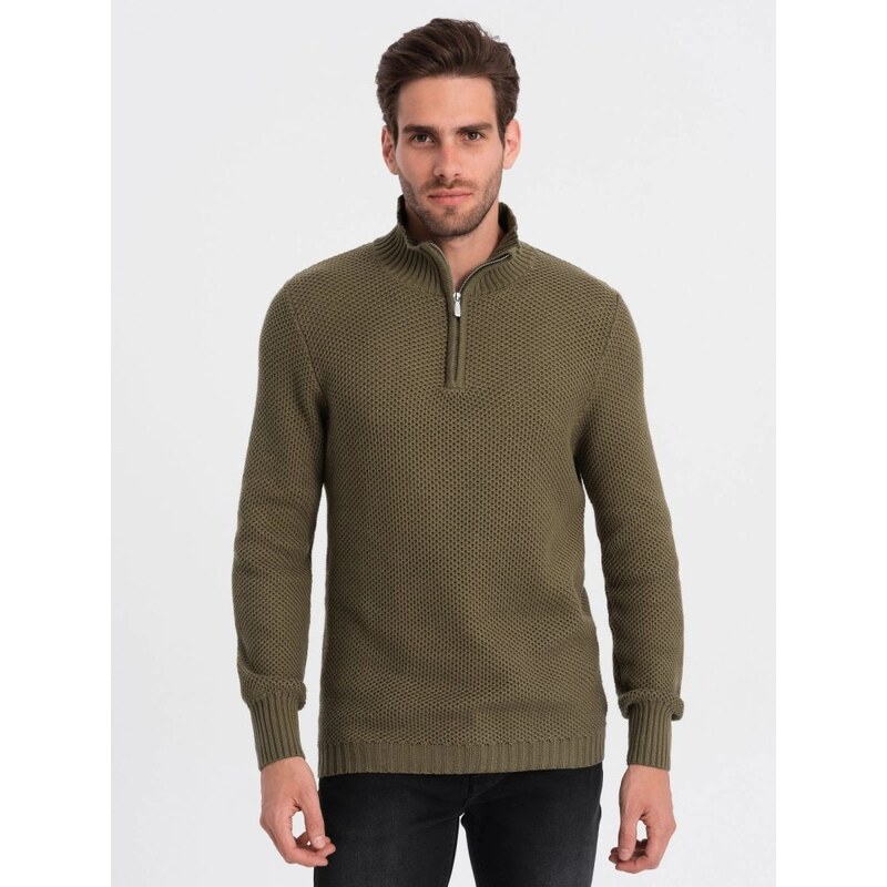 Ombre Clothing Elegantní pánský svetr v olivové barvě V6 SWZS