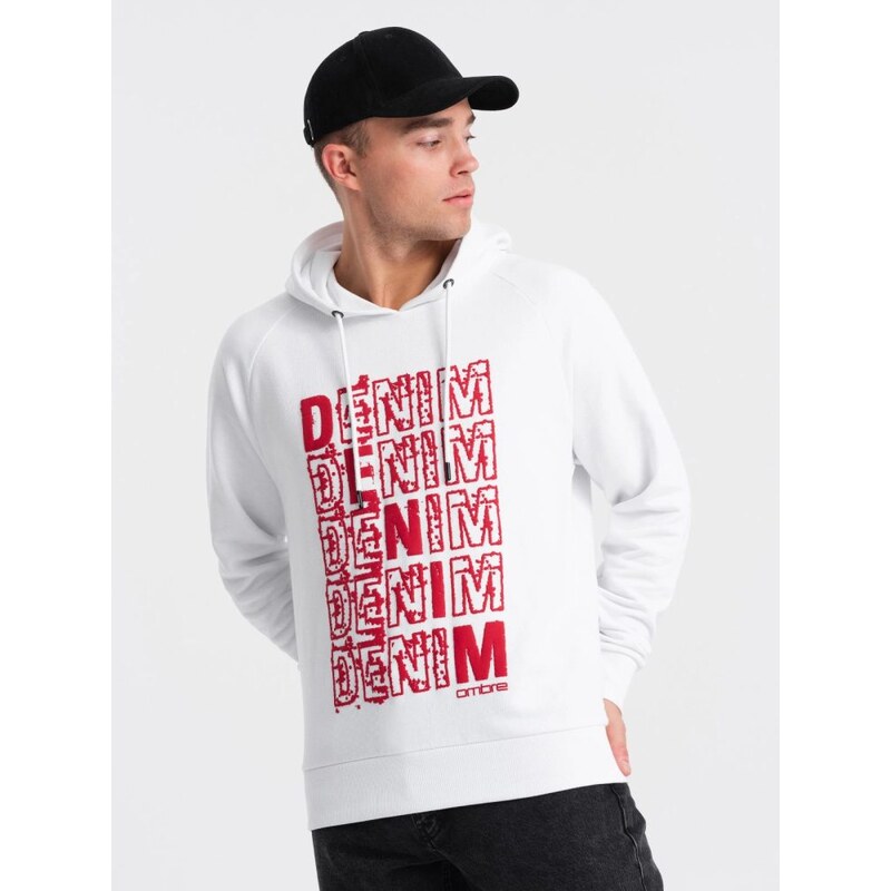 Ombre Clothing Jedinečná bílá mikina s nápisem denim V3 SSPS
