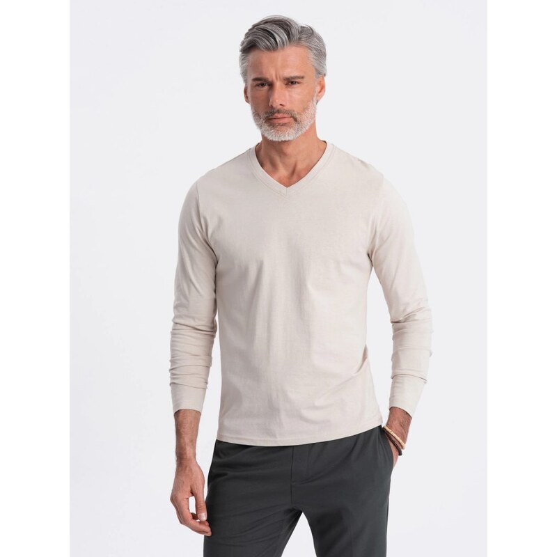 Ombre Clothing Béžové tričko s dlouhým rukávem a výstřihem do V