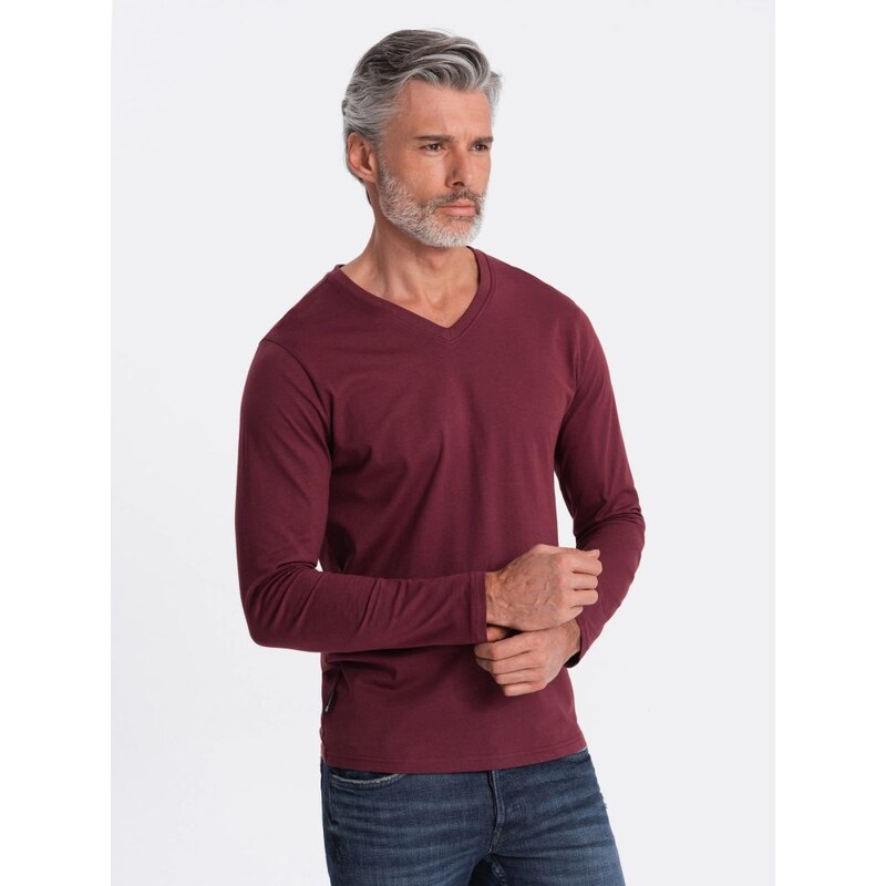 Ombre Clothing Bordó tričko s dlouhým rukávem a výstřihem do V