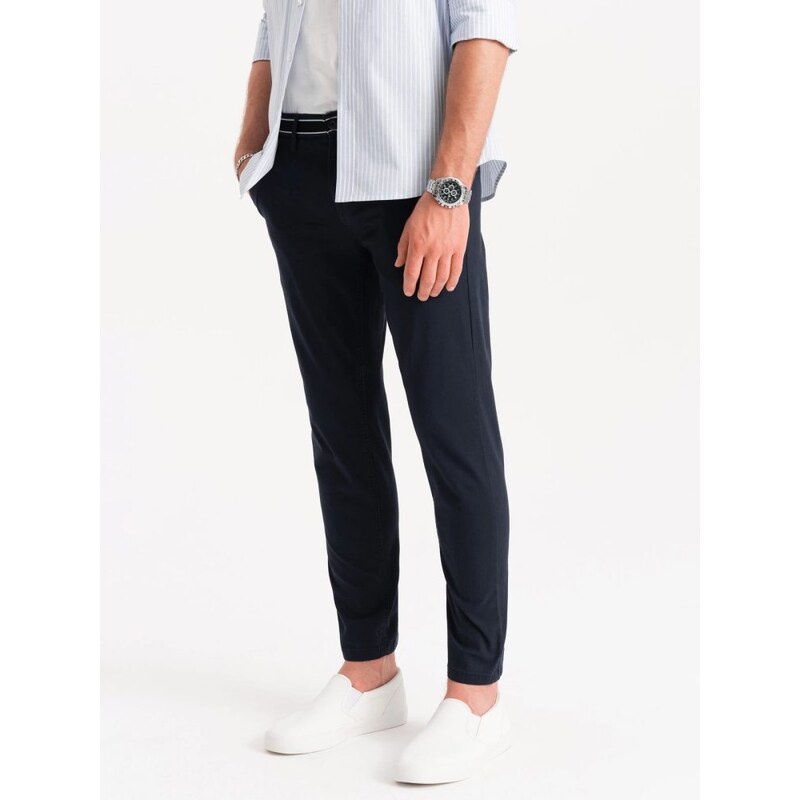 Ombre Clothing Tmavě modré chinos kalhoty s ozdobným pasem V2