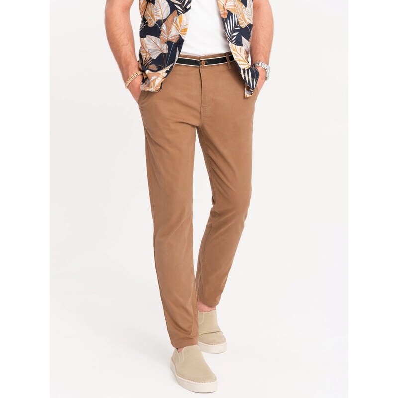 Ombre Clothing Hnědé chinos kalhoty s ozdobným pasemV4 PACP-0118