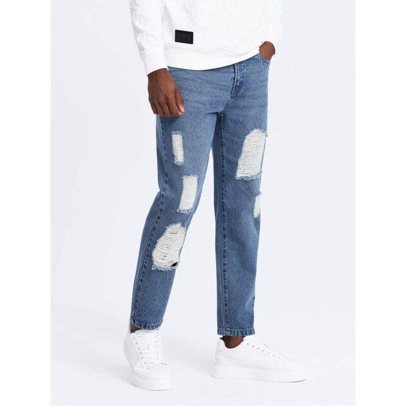 Ombre Clothing Jedinečné modré džíny s výraznými oděrkami V3