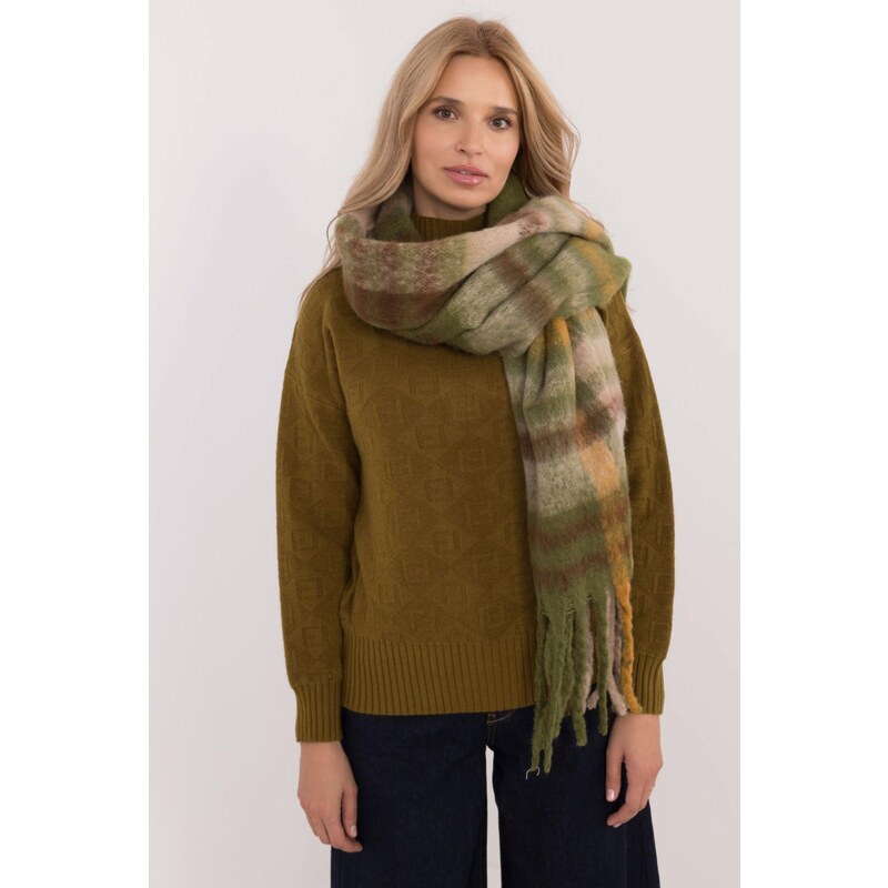 MladaModa Hřejivá károvaná šála s třásněmi model 30121 barva khaki 101244745