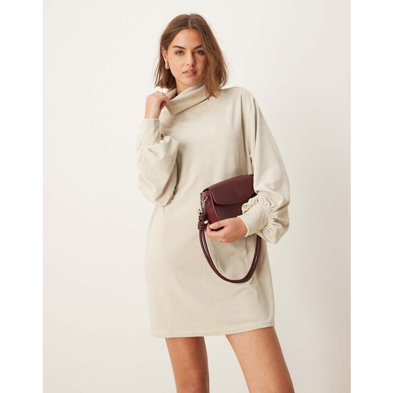 ASOS DESIGN chunky cord roll neck slouchy mini dress in stone-Neutral 101244841