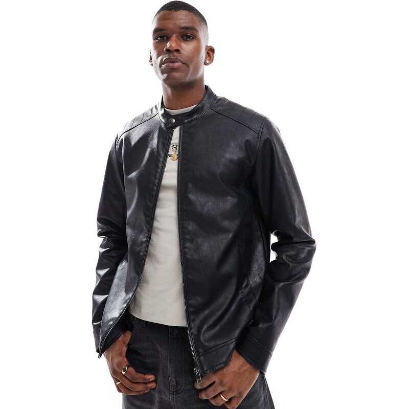 JJ Rebel faux leather racer jacket in black