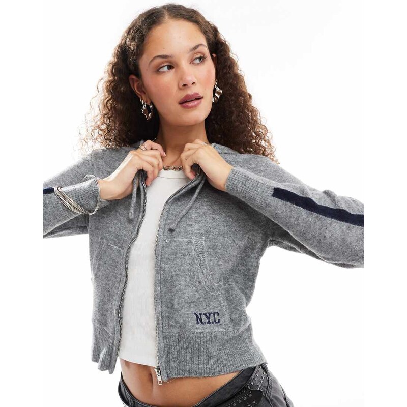 Daisy Street grey 90s zip up fitted hoodie with navy side stripes 103737389