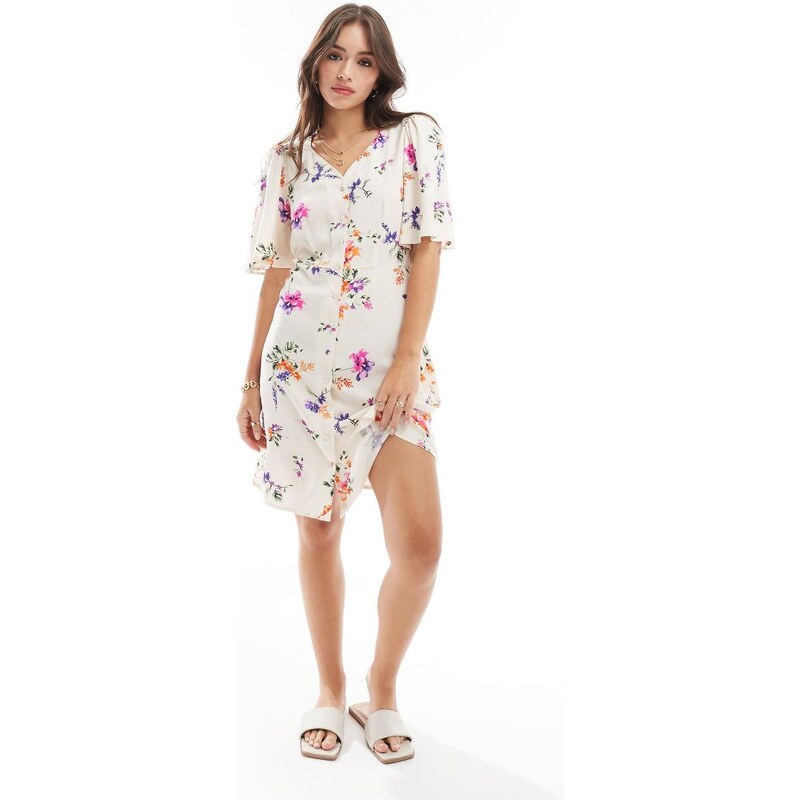 YAS flutter sleeve shirt mini dress in cream floral - MULTI 101273406