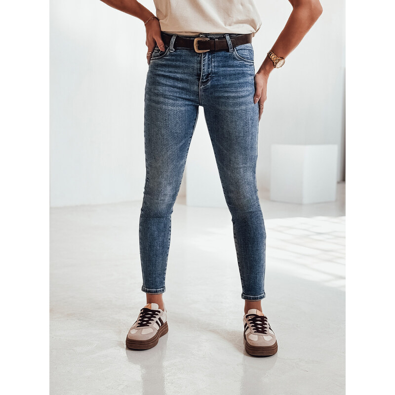 BASIC Dámské modré džínové kalhoty s páskem JEANSETTA Denim vzor