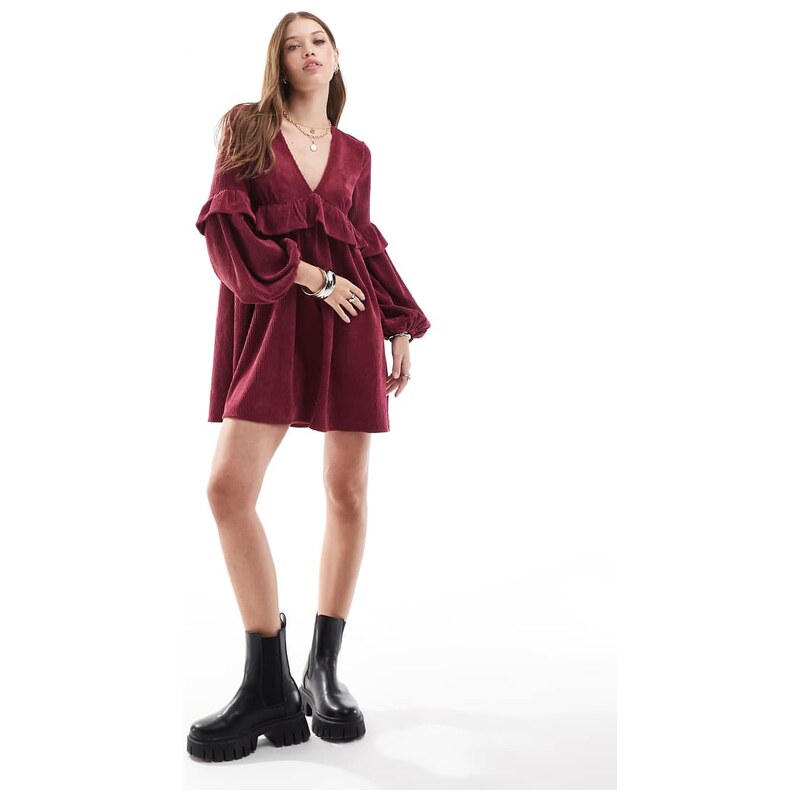 ASOS DESIGN cord smock mini dress with frill detail in burgundy-Pink 115743783