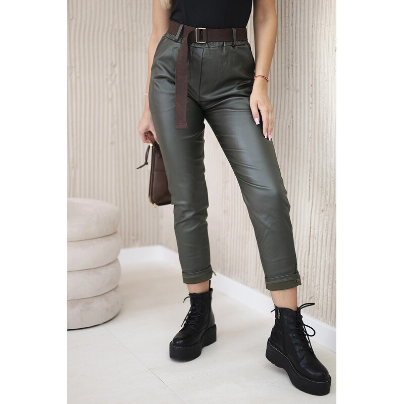 K-Fashion Voskované kalhoty s páskem khaki 101309466