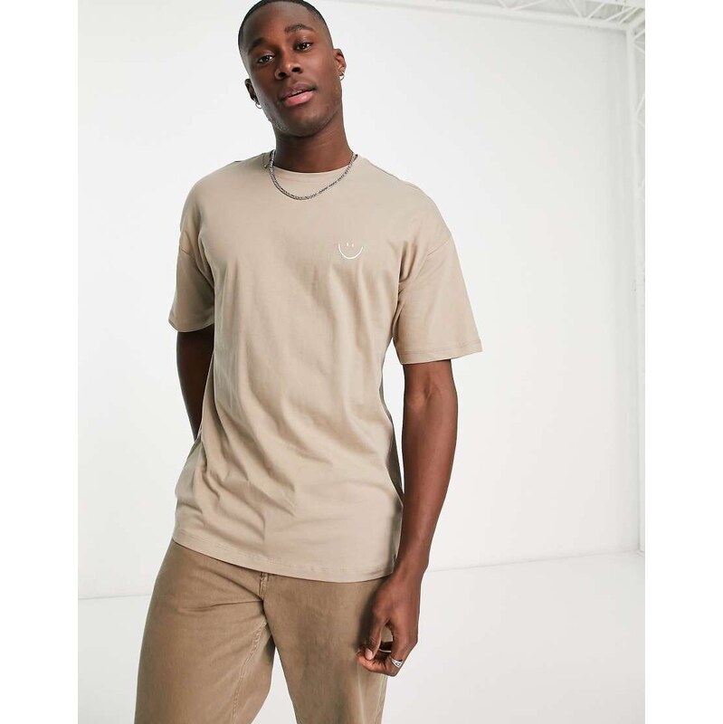 New Look oversized smile embroidered t-shirt in light brown