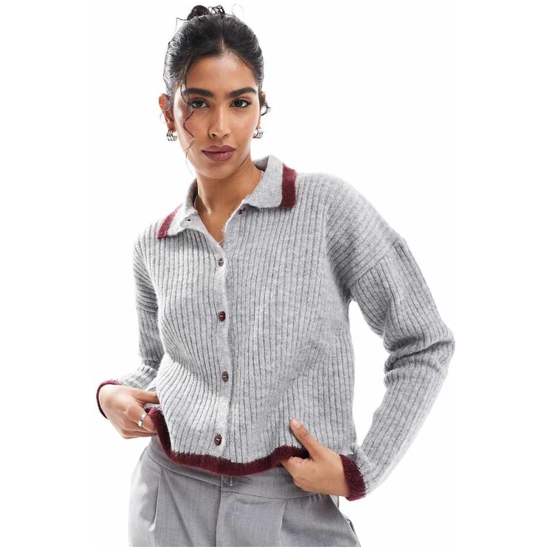 ASOS DESIGN button through knitted polo with contrast tipping in grey 101604161