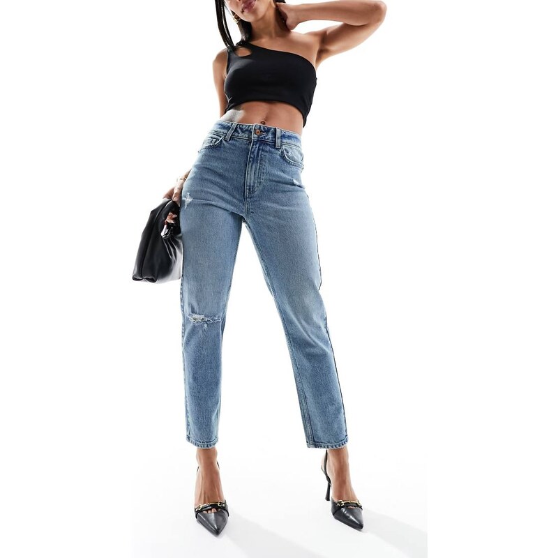 New Look ripped mom jean in tinted blue wash