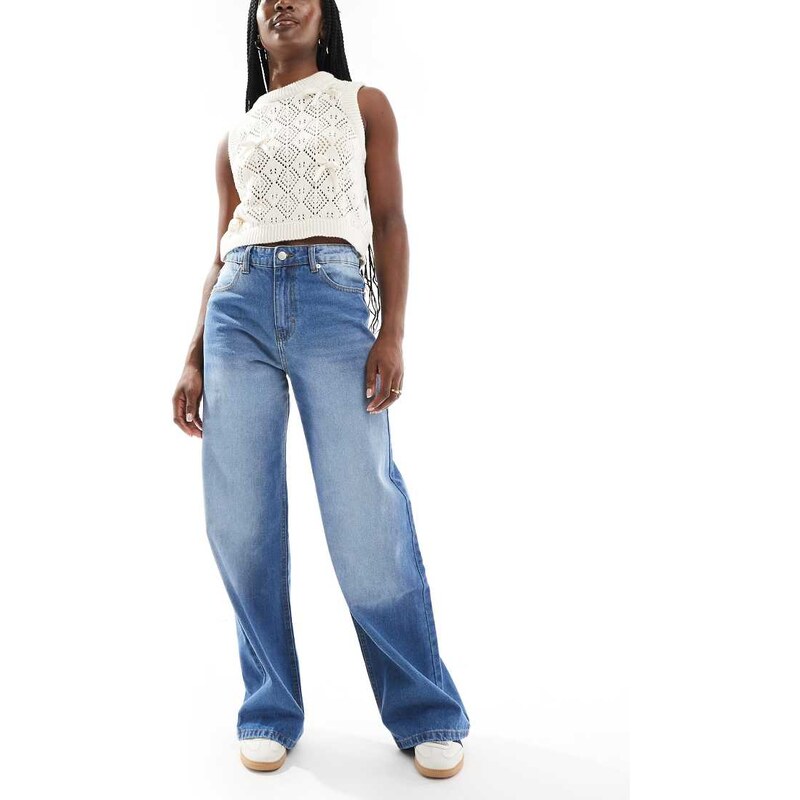 Dont Think Twice DTT Winnie mid rise wide leg jeans in mid blue 115365896