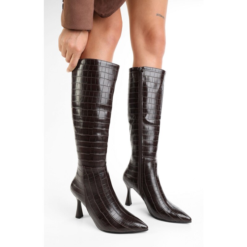 Shoeberry Womens Asez Brown Crocodile Patterned Heeled Boots 101622690