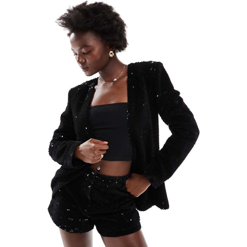 ASOS DESIGN collarless nipped waist velvet sequin blazer in black 101629259