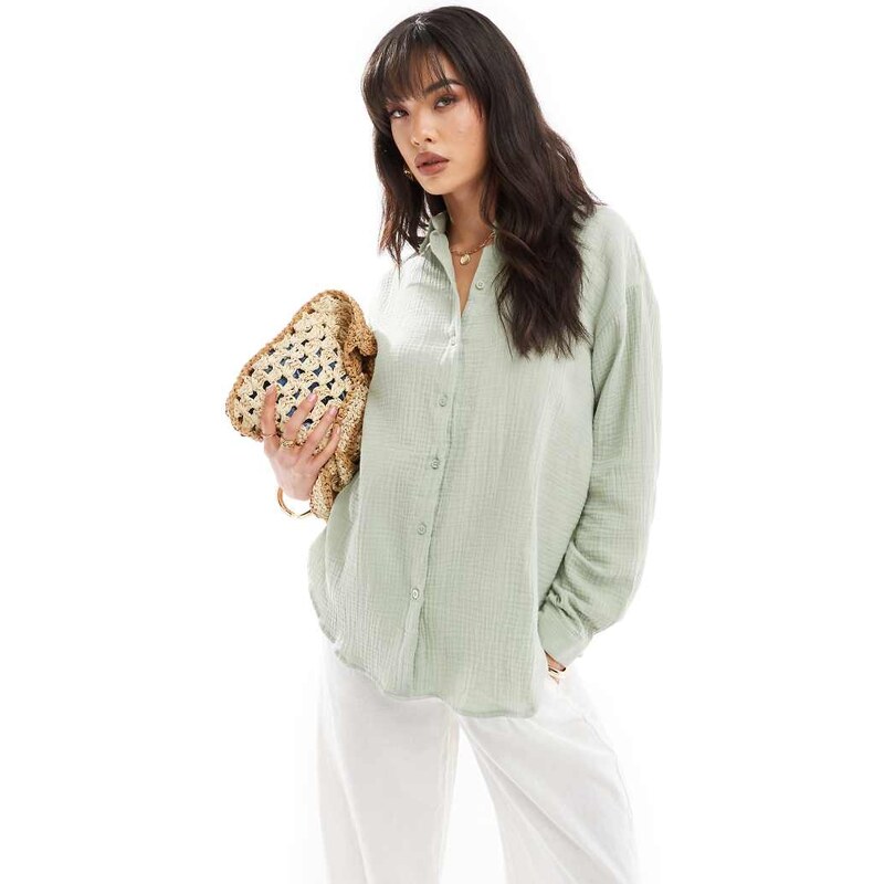 JDY loose fit cheesecloth co-ord shirt in sage-Green