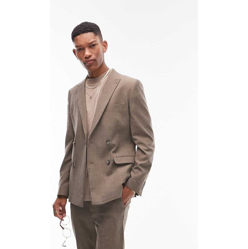 Topman super skinny herringbone double breasted suit jacket in
